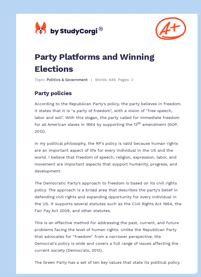 Party Platforms and Winning Elections. Page 1