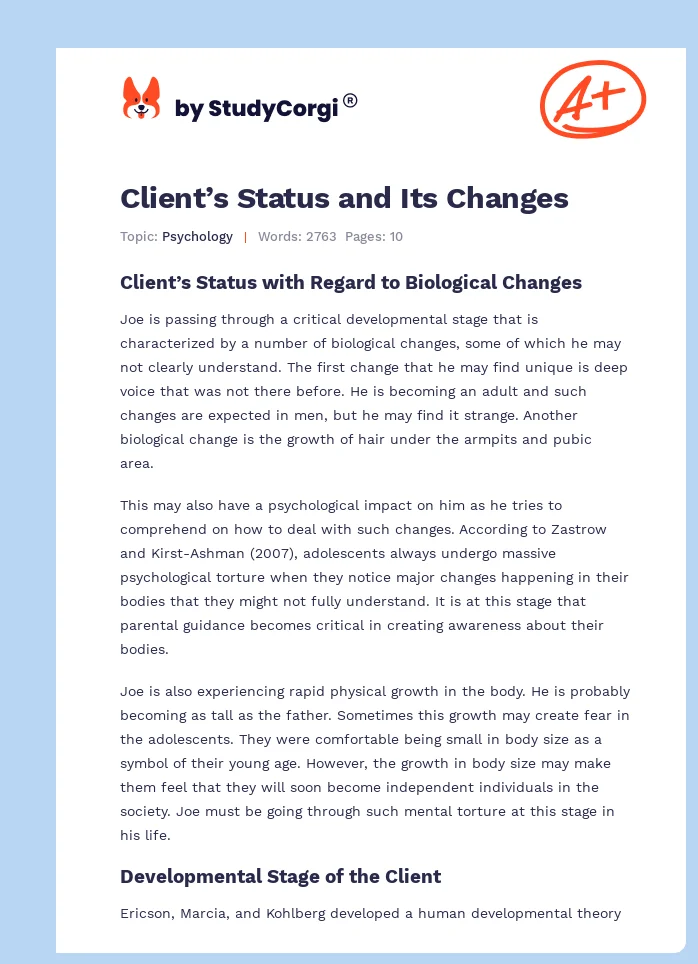 Client’s Status and Its Changes. Page 1