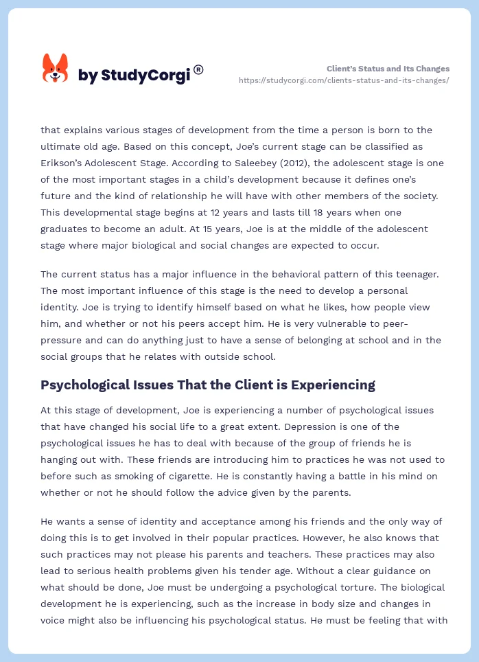 Client’s Status and Its Changes. Page 2