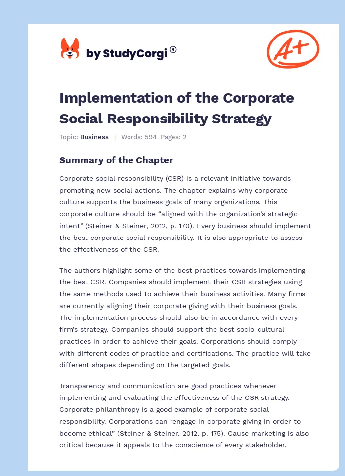 Implementation of the Corporate Social Responsibility Strategy. Page 1