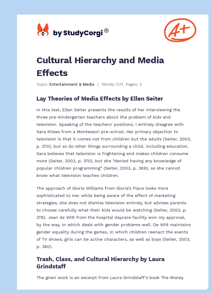 Cultural Hierarchy and Media Effects. Page 1