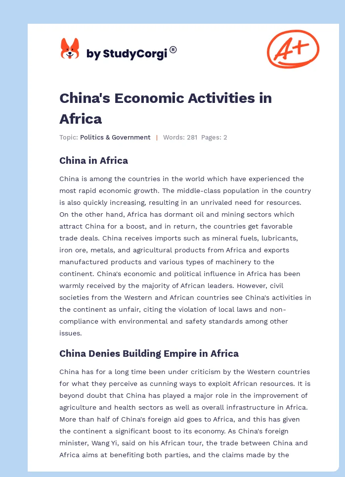 China's Economic Activities in Africa. Page 1