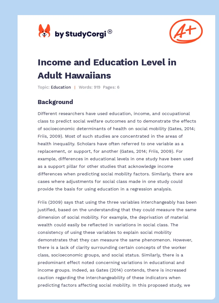 Income and Education Level in Adult Hawaiians. Page 1