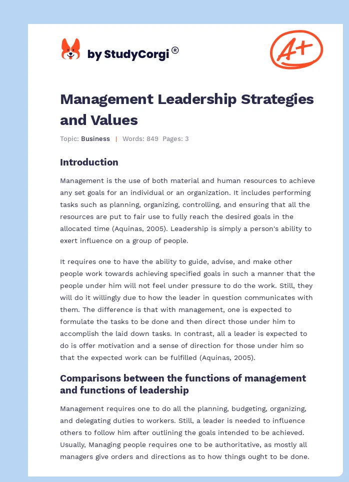 Management Leadership Strategies and Values. Page 1
