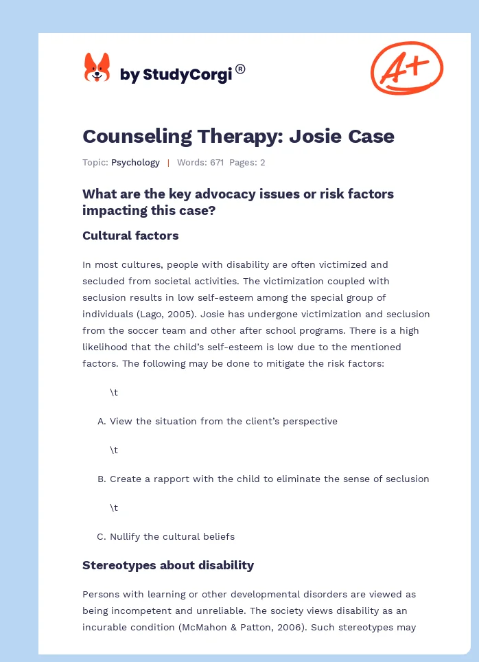 Counseling Therapy: Josie Case. Page 1