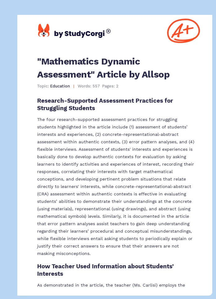 "Mathematics Dynamic Assessment" Article by Allsop. Page 1
