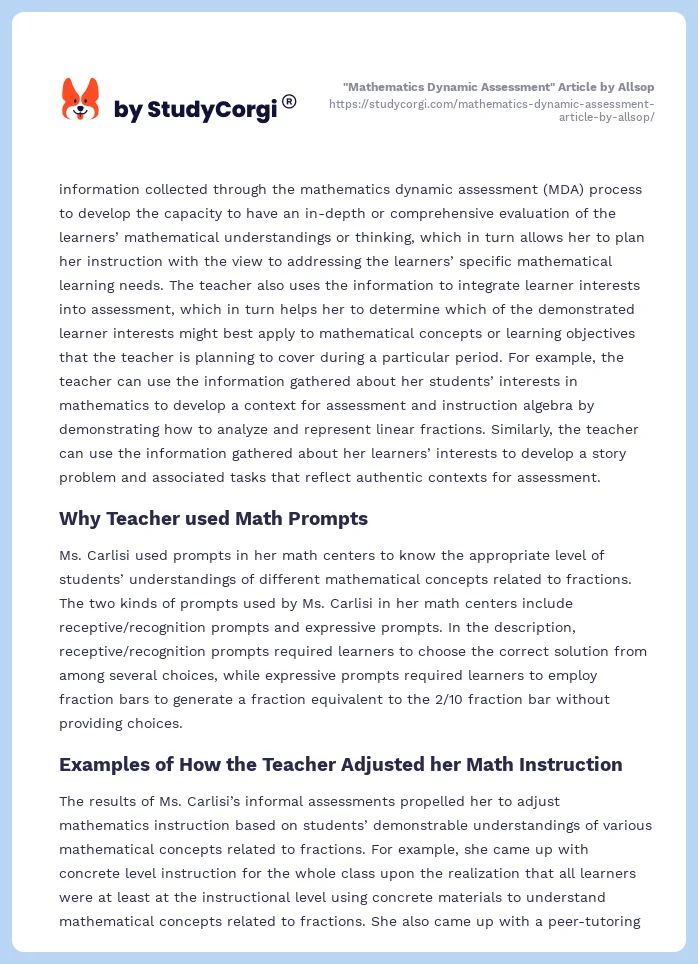 "Mathematics Dynamic Assessment" Article by Allsop. Page 2