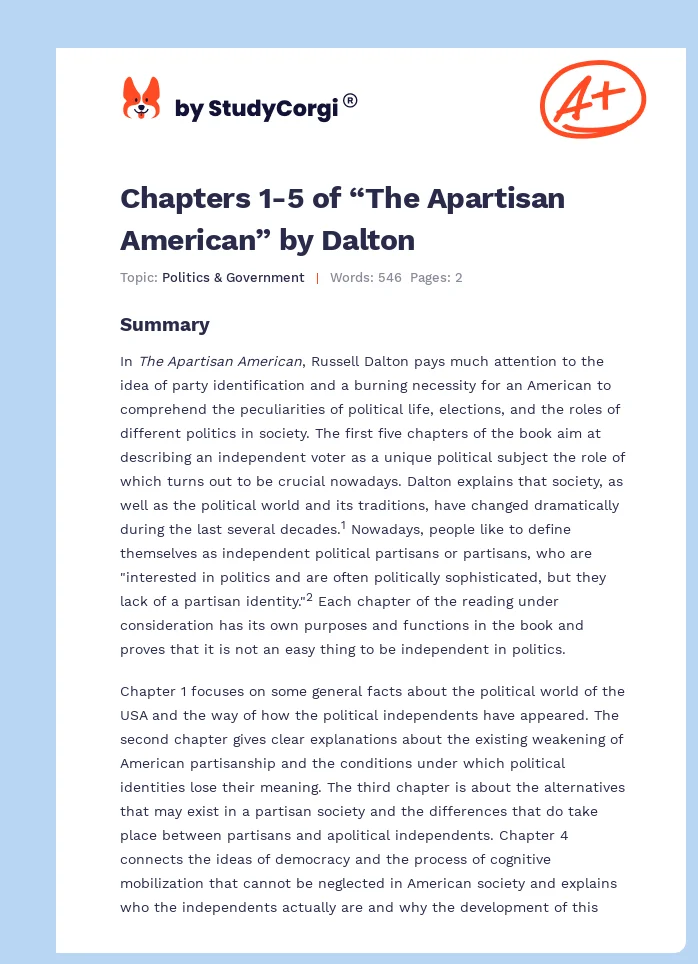 Chapters 1-5 of “The Apartisan American” by Dalton. Page 1