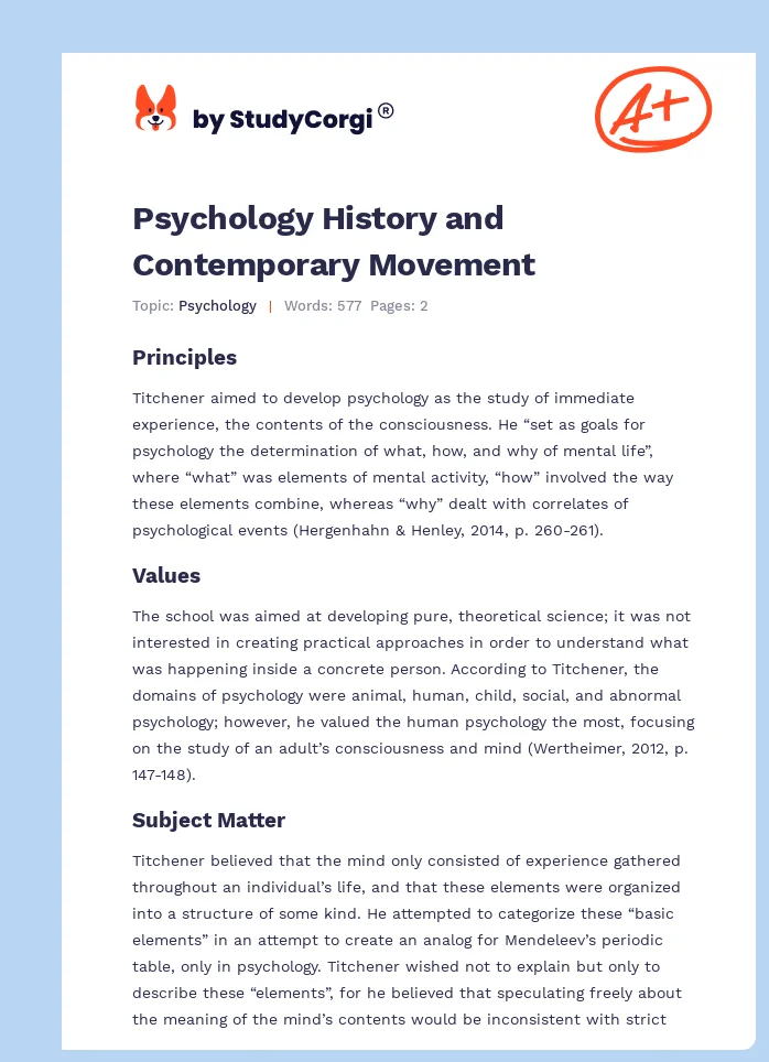 Psychology History and Contemporary Movement. Page 1