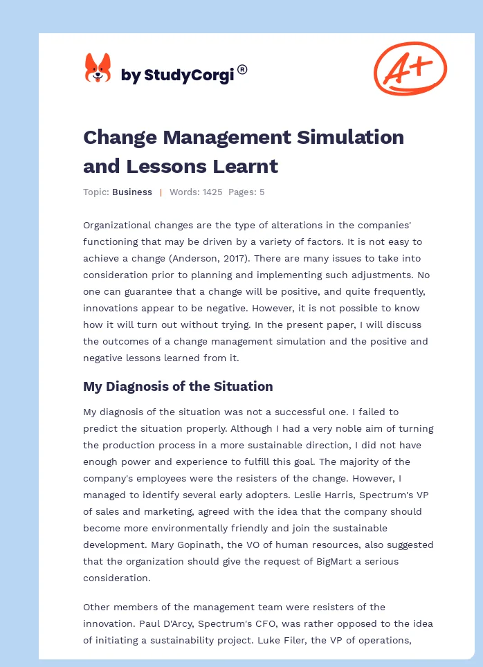 Change Management Simulation and Lessons Learnt. Page 1