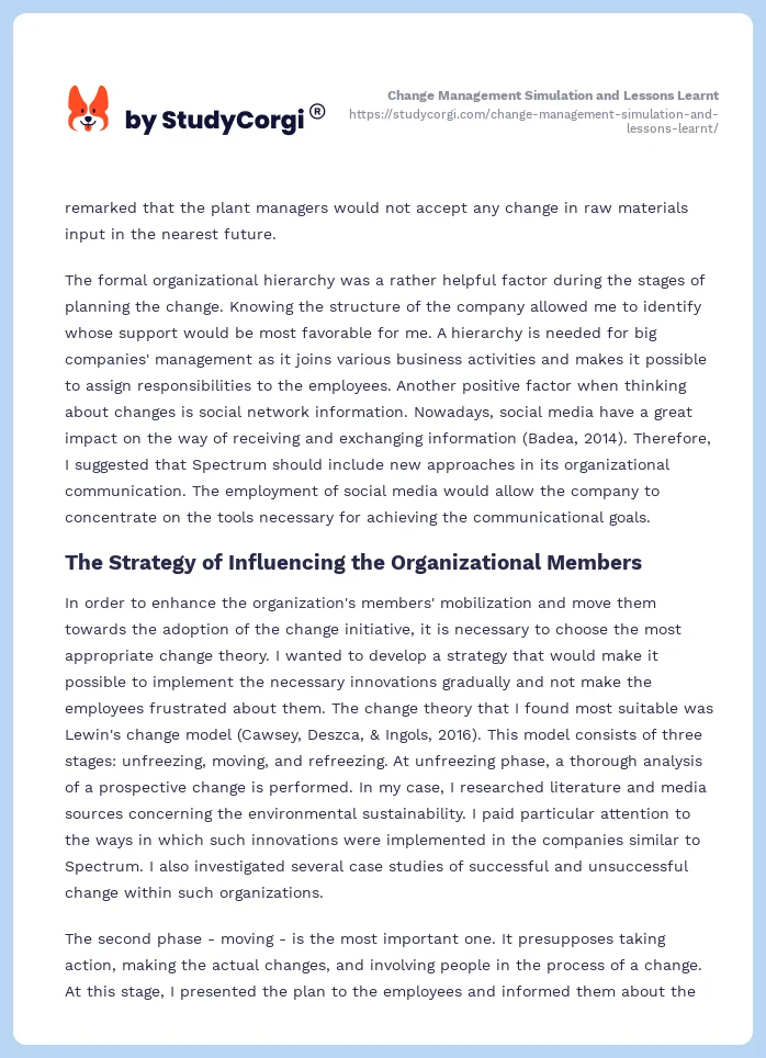 Change Management Simulation and Lessons Learnt. Page 2