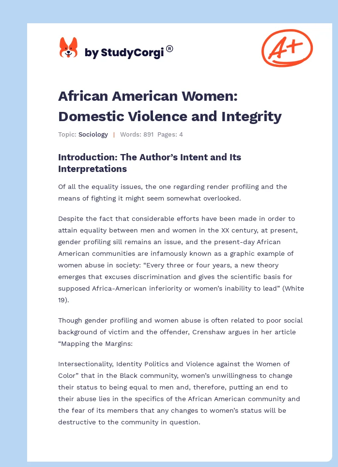 African American Women: Domestic Violence and Integrity. Page 1