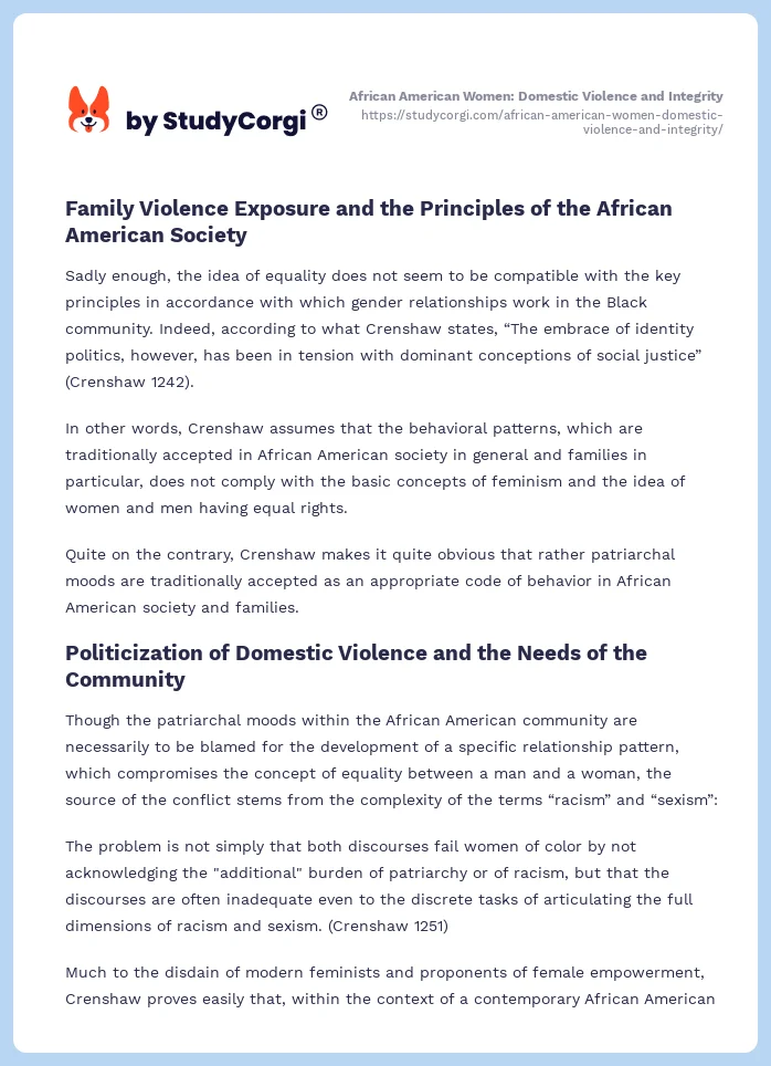 African American Women: Domestic Violence and Integrity. Page 2
