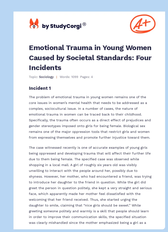 Emotional Trauma in Young Women Caused by Societal Standards: Four Incidents. Page 1