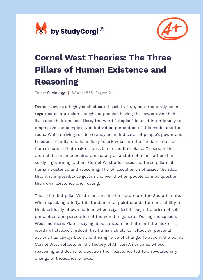 Cornel West Theories: The Three Pillars of Human Existence and Reasoning. Page 1