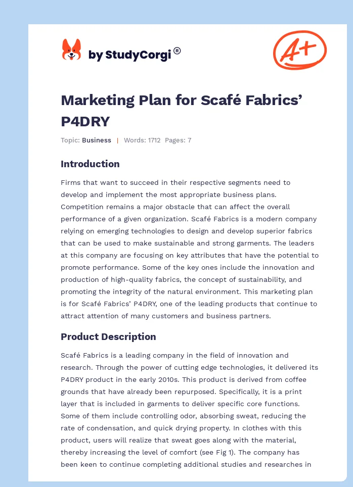 Marketing Plan for Scafé Fabrics’ P4DRY. Page 1