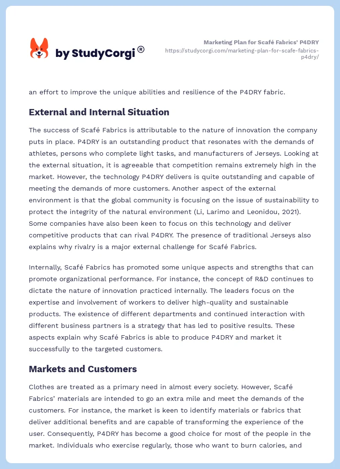 Marketing Plan for Scafé Fabrics’ P4DRY. Page 2