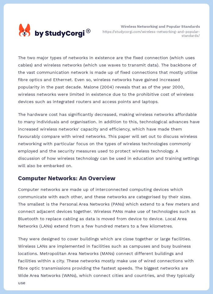 Wireless Networking and Popular Standards. Page 2