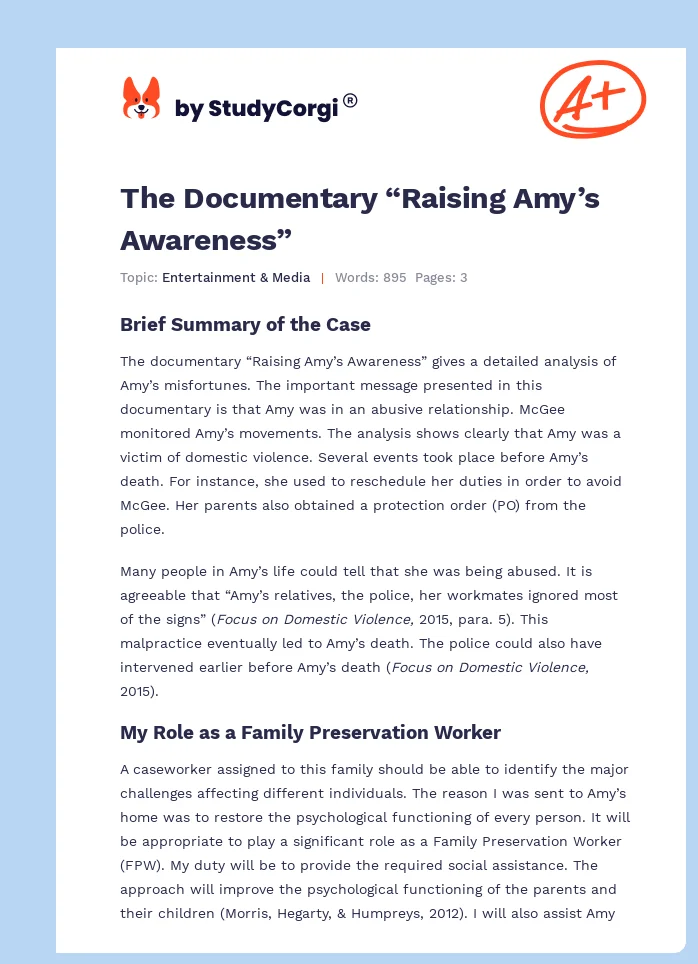 The Documentary “Raising Amy’s Awareness”. Page 1