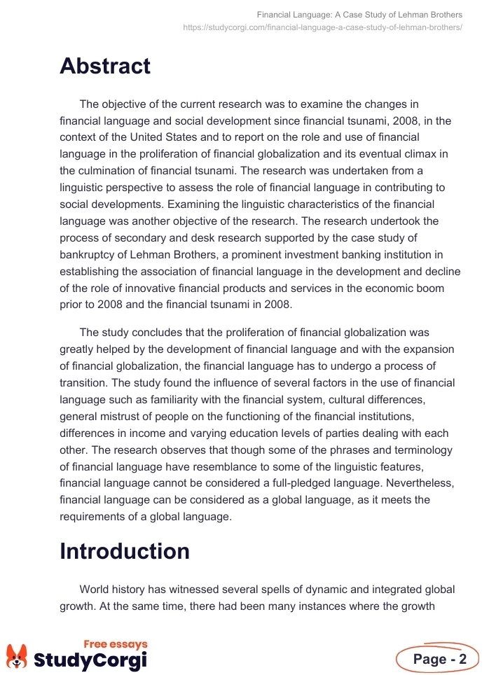 Financial Language: A Case Study of Lehman Brothers. Page 2