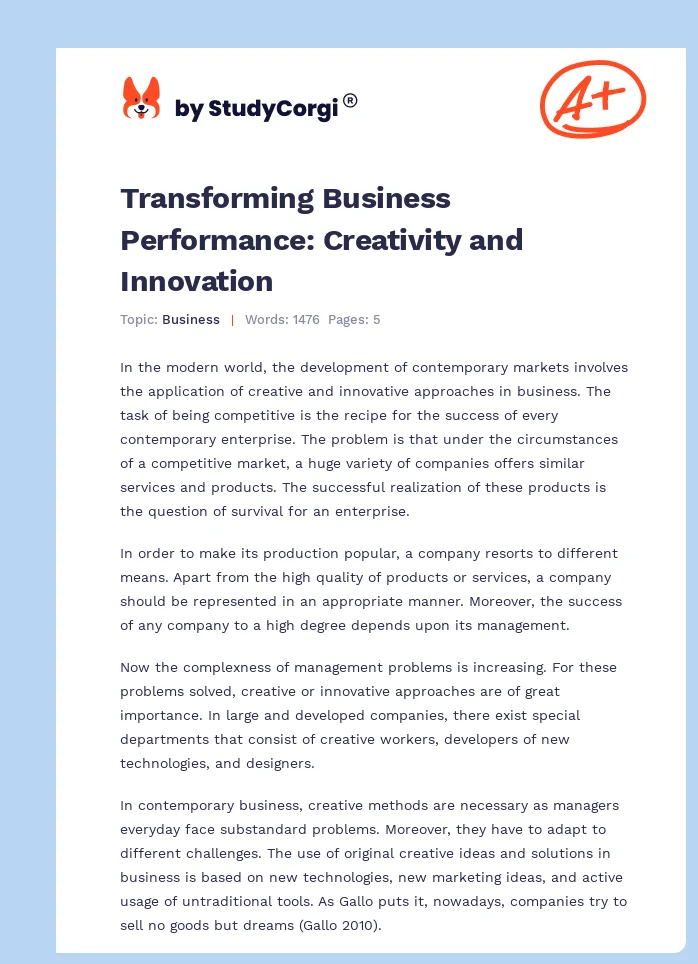 Transforming Business Performance: Creativity and Innovation. Page 1