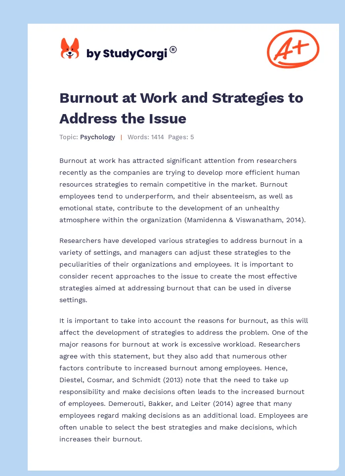 Burnout at Work and Strategies to Address the Issue. Page 1