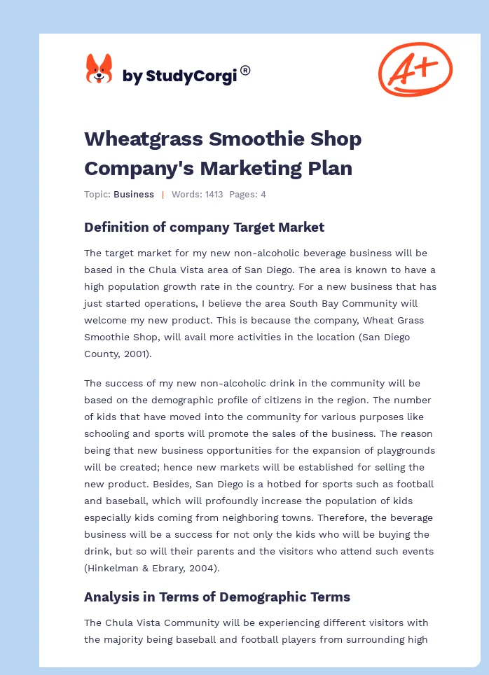 Wheatgrass Smoothie Shop Company's Marketing Plan. Page 1