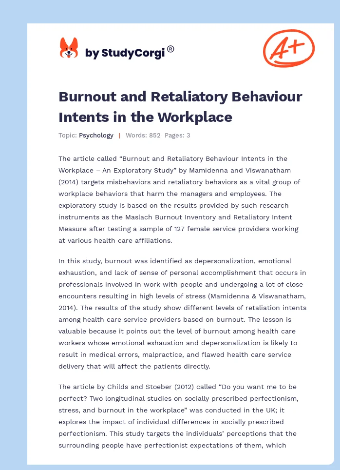 Burnout and Retaliatory Behaviour Intents in the Workplace. Page 1