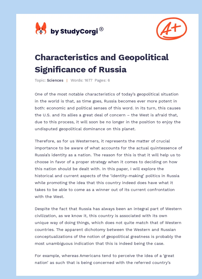 Characteristics and Geopolitical Significance of Russia. Page 1