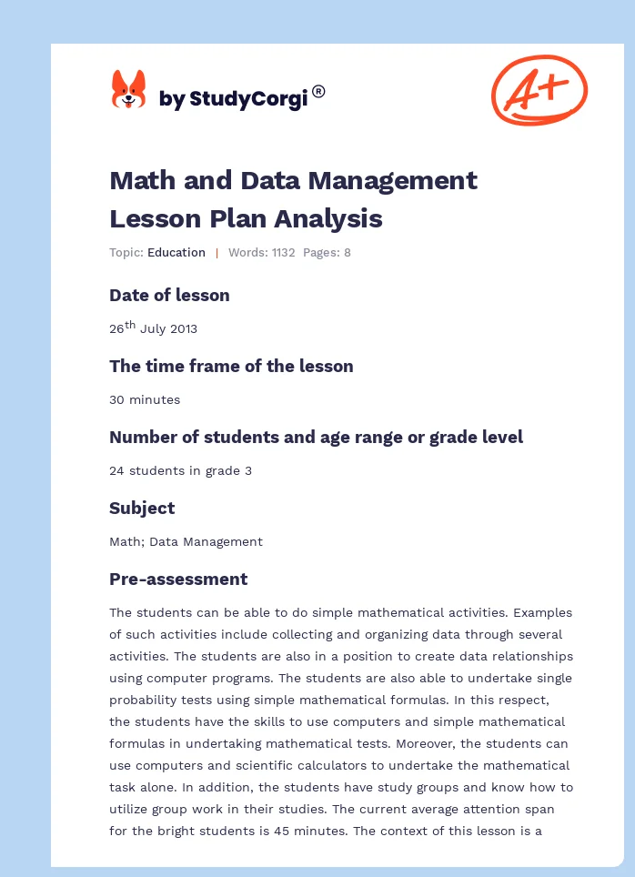 Math and Data Management Lesson Plan Analysis. Page 1