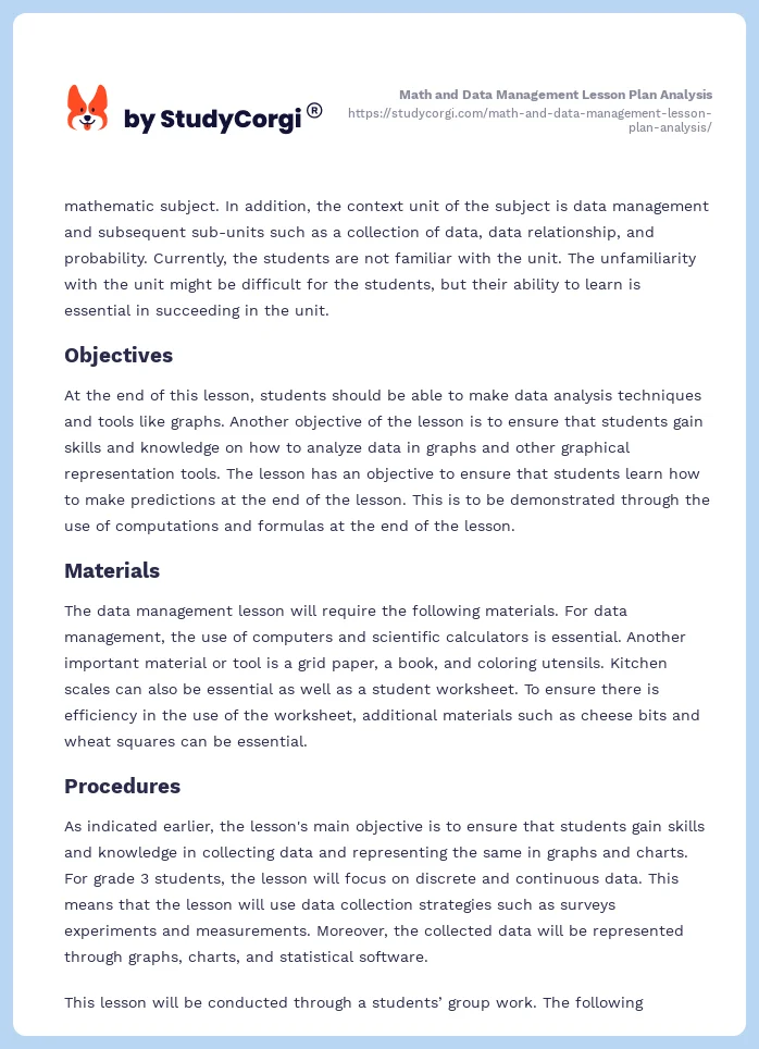 Math and Data Management Lesson Plan Analysis. Page 2