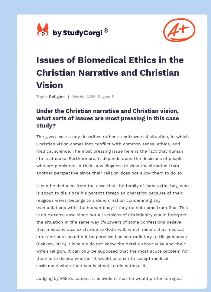 Issues of Biomedical Ethics in the Christian Narrative and Christian Vision. Page 1