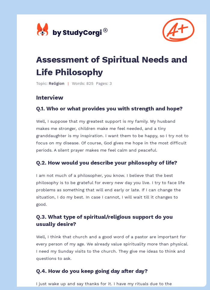 Assessment of Spiritual Needs and Life Philosophy. Page 1