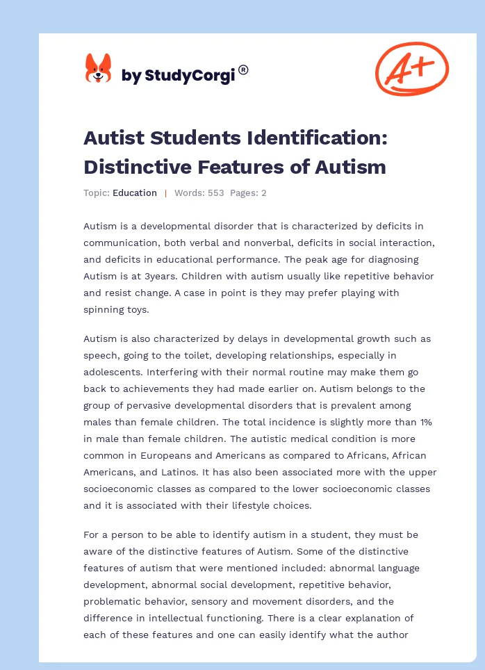 Autist Students Identification: Distinctive Features of Autism. Page 1