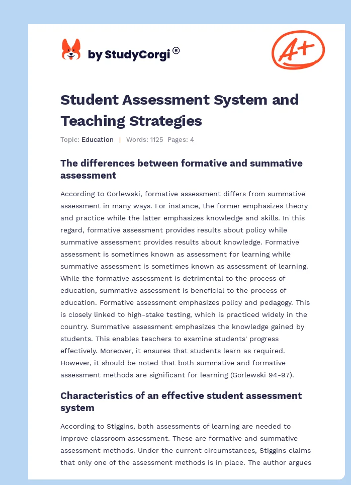 Student Assessment System and Teaching Strategies. Page 1