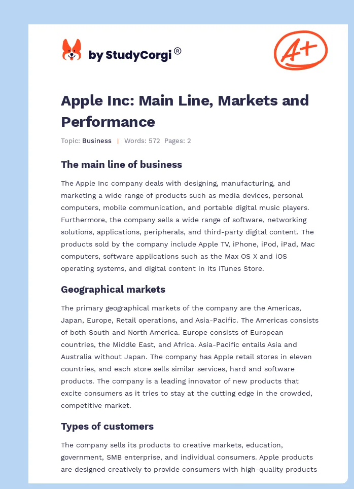 Apple Inc: Main Line, Markets and Performance. Page 1