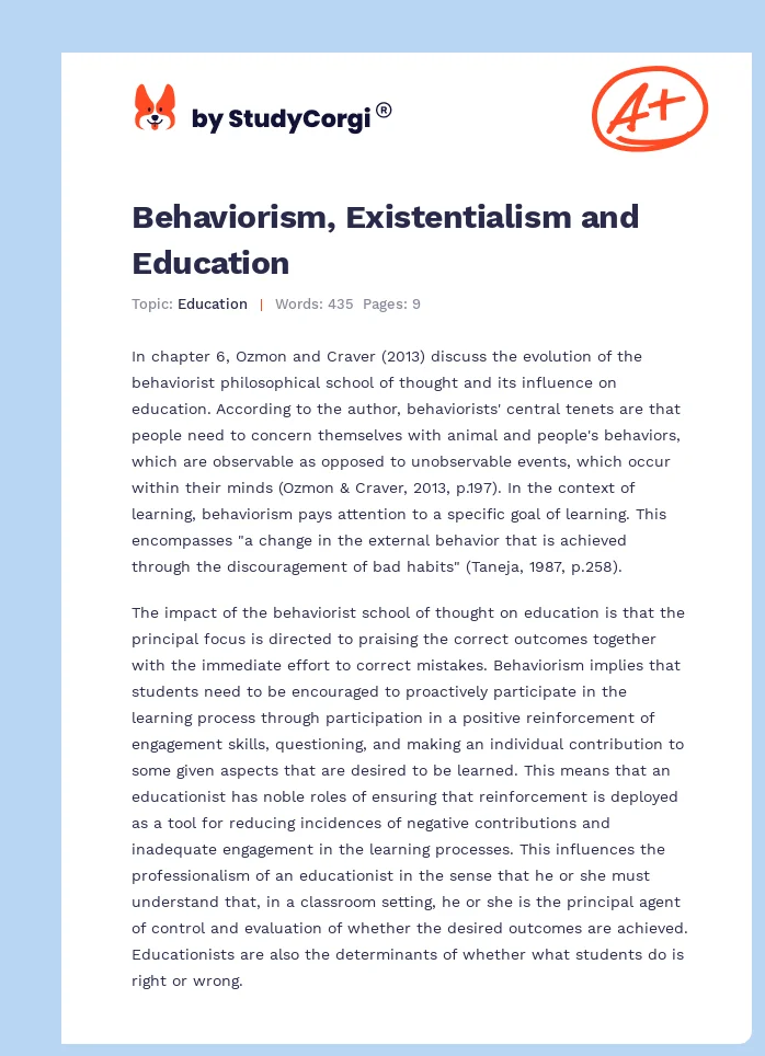 Behaviorism, Existentialism and Education. Page 1