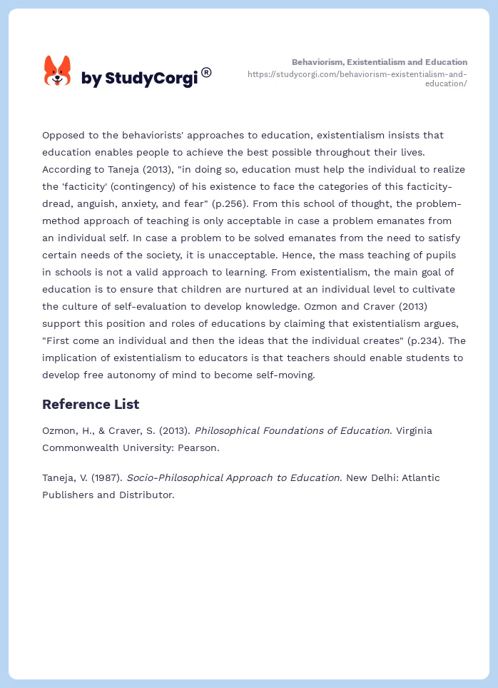 Behaviorism, Existentialism and Education. Page 2