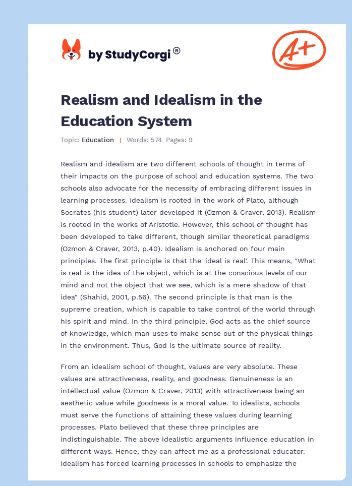 Realism and Idealism in the Education System. Page 1