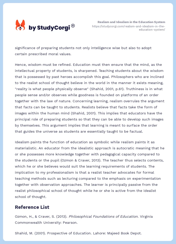 Realism and Idealism in the Education System. Page 2