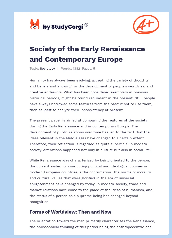 Society of the Early Renaissance and Contemporary Europe. Page 1