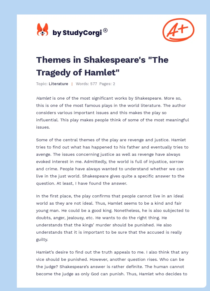 Themes in Shakespeare's "The Tragedy of Hamlet". Page 1