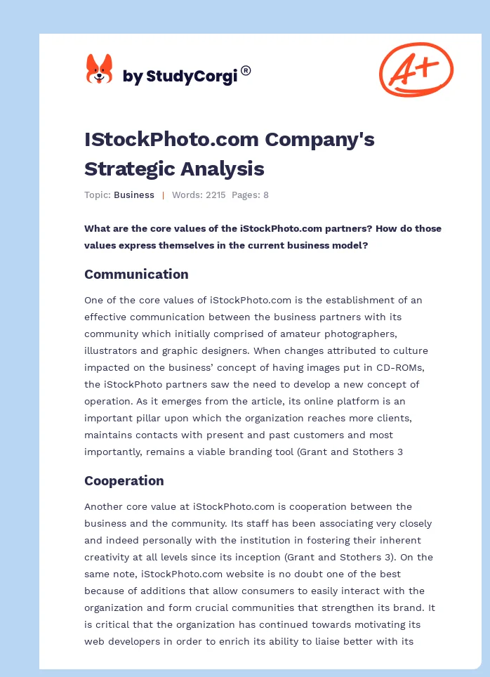 IStockPhoto.com Company's Strategic Analysis. Page 1