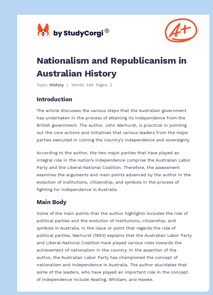 Nationalism and Republicanism in Australian History. Page 1