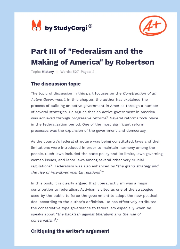 Part III of "Federalism and the Making of America" by Robertson. Page 1