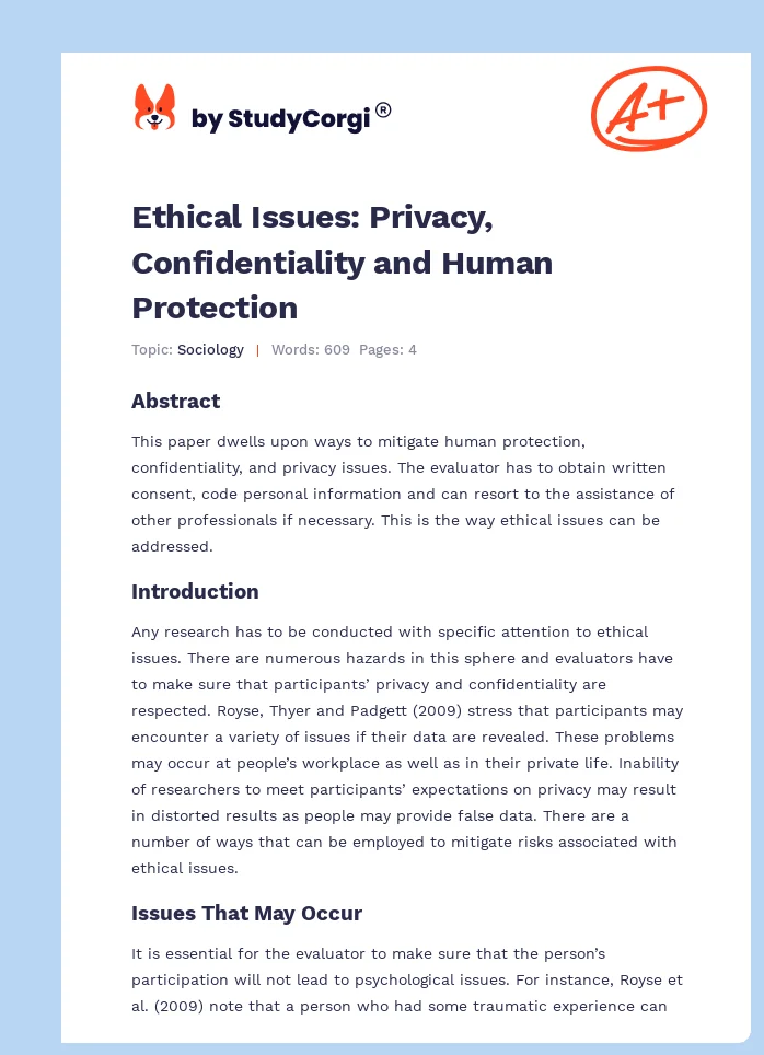 Ethical Issues: Privacy, Confidentiality and Human Protection. Page 1
