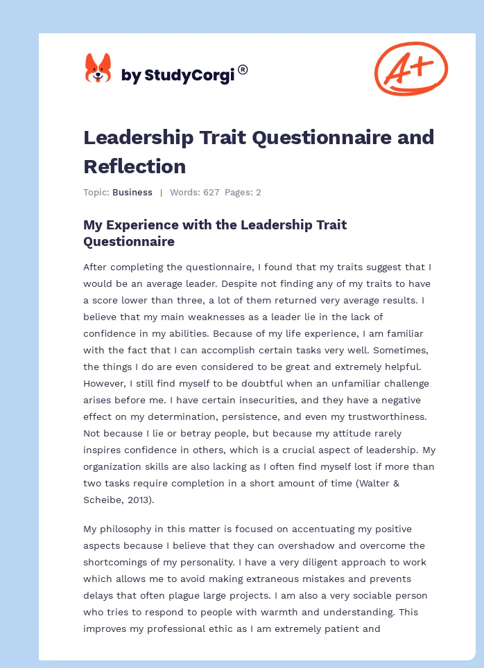 Leadership Trait Questionnaire and Reflection. Page 1