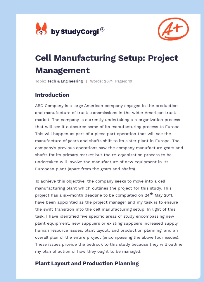 Cell Manufacturing Setup: Project Management. Page 1