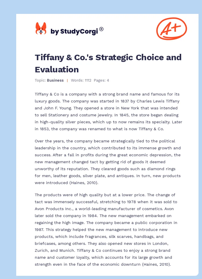 Tiffany & Co.'s Strategic Choice and Evaluation. Page 1