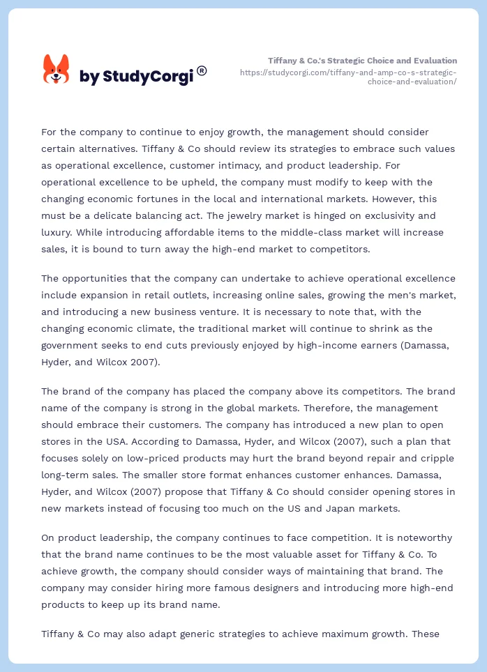 Tiffany & Co.'s Strategic Choice and Evaluation. Page 2